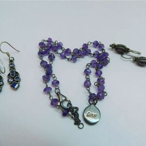 Artisan 925 Love Pendant Amethyst Bead Necklace & Faceted & Iolite Drop Earrings